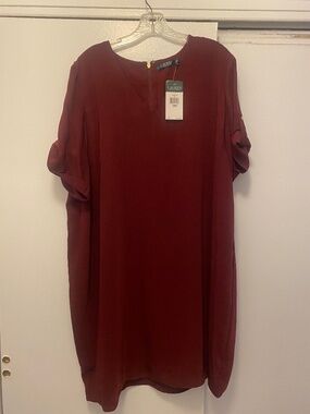 Lauren Ralph Lauren Roll-Tab Sleeve Shift Dress | Burgundy/Wine | 18W